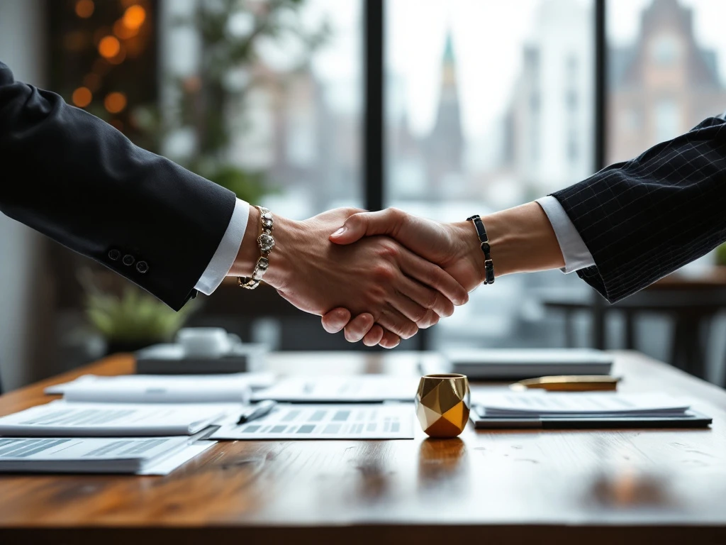 Handdruk tussen financieel expert en creatief ondernemer bij vergadertafel met belastingdocumenten en ontwerpschetsen in Amsterdam kantoor.