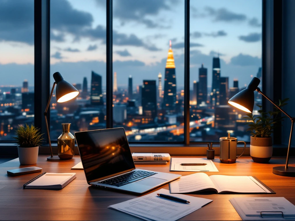 Professioneel bureau met belastingdocumenten, laptop en rekenmachine tegen moderne Nederlandse skyline. Creatieve elementen en warme verlichting tonen belastingadvies voor kunstsector.