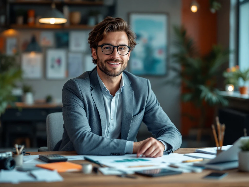 Belastingadviseur verbindt financiële documenten met creatieve items in een stijlvol kantoor met Nederlands design in blauwe en oranje tinten.