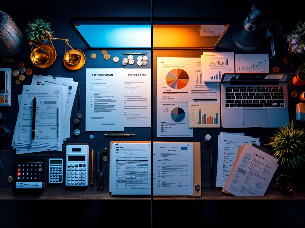 Professioneel bureau verdeeld in twee werkplekken: eenvoudige belastingconsulent met formulieren; strategische adviseur met belastingboeken en financiële grafieken