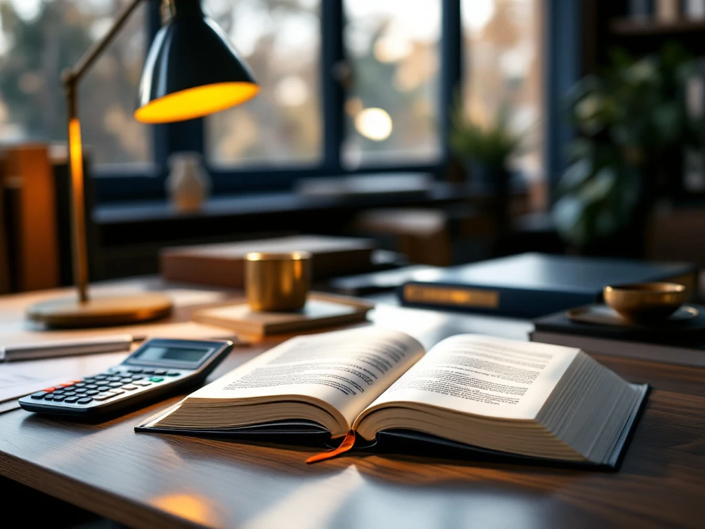 Professioneel bureau met fiscaal rechtboek, belastingdocumenten en calculator, naast diploma met zegel en vulpen op wetboek in warm verlichte ruimte.