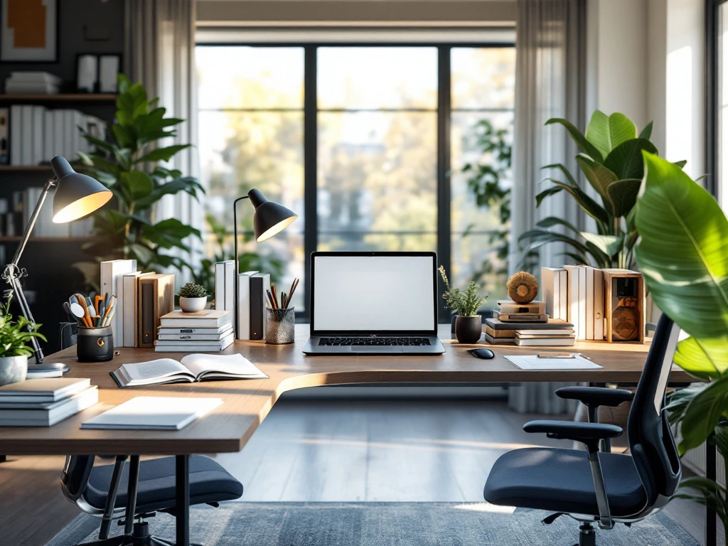 Professioneel bureau met drie werkplekken die carrièregroei in belastingadvies tonen, van beginner tot senior-niveau in warm licht.
