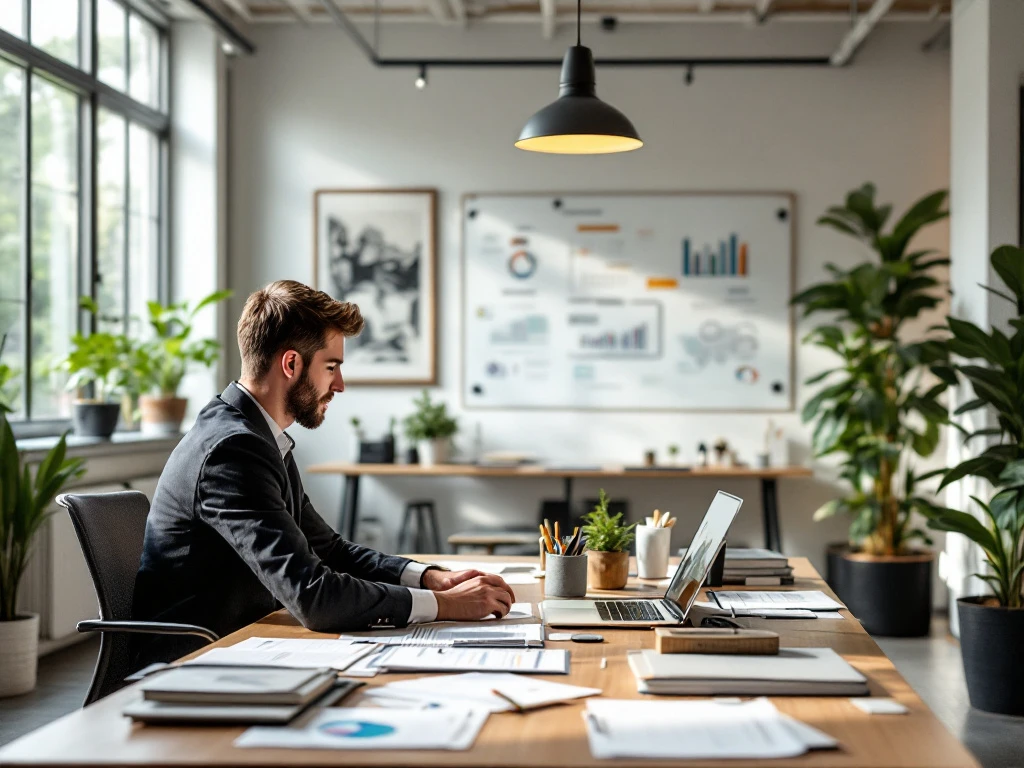 Modern kantoorinterieur waar professioneel en creatief samenkomen; belastingdocumenten en laptop met financiële grafieken naast kleurrijke mind-maps.
