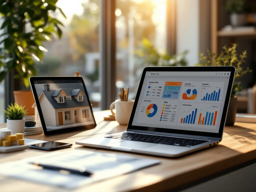 Modern bureau met laptop waarop financiële grafieken te zien zijn, belastingdocumenten en een miniatuurmodel van een bedrijf, verlicht door warm zonlicht.