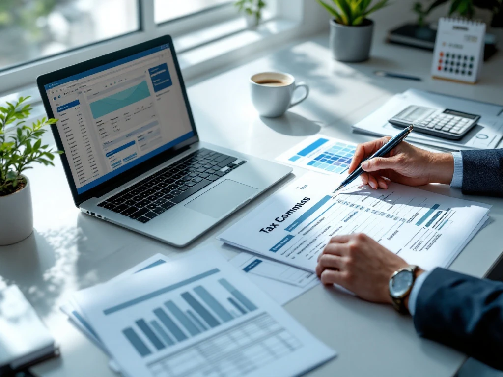 Professionele werkplek voor belastingaangifte met laptop, nette documenten, rekenmachine, hand met pen, koffiekopje, kalender en plant in natuurlijk licht.