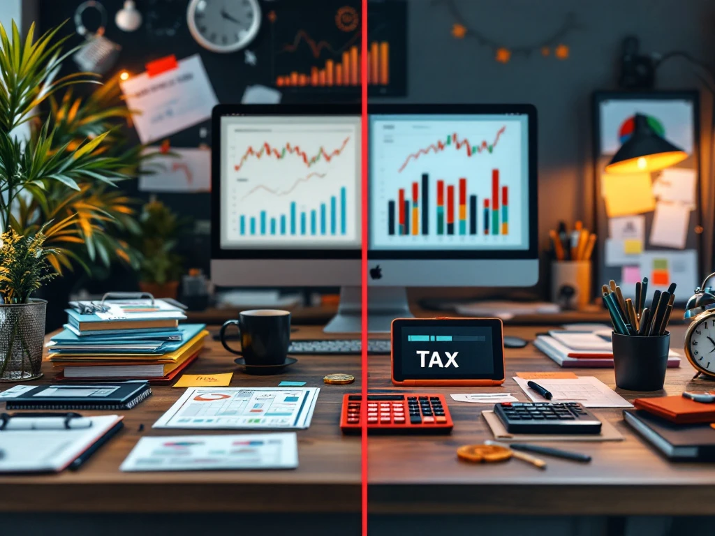 Bureau met twee werkstijlen voor belastingwerk: georganiseerde, methodische kant tegenover creatieve benadering met digitale tools. Muntpapiergewicht als accent.