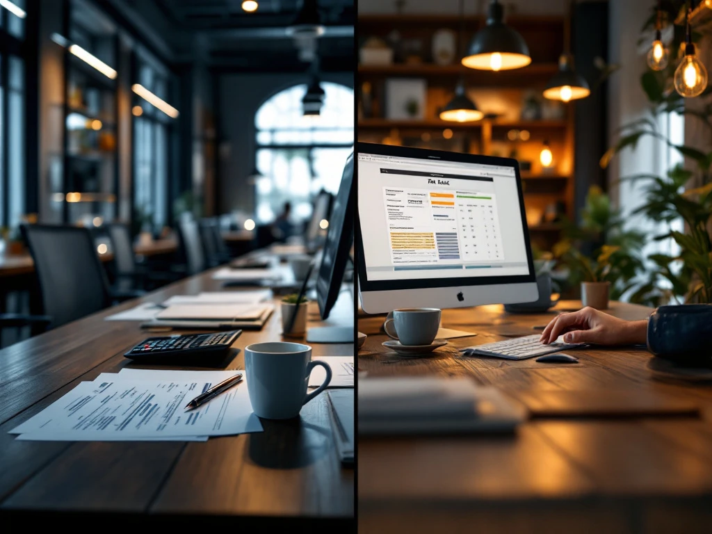 Contrast tussen strak blauwgrijs boekhoudkantoor en warm boutiquekantoor met houten elementen. Beide werkplekken tonen belastingdocumenten.