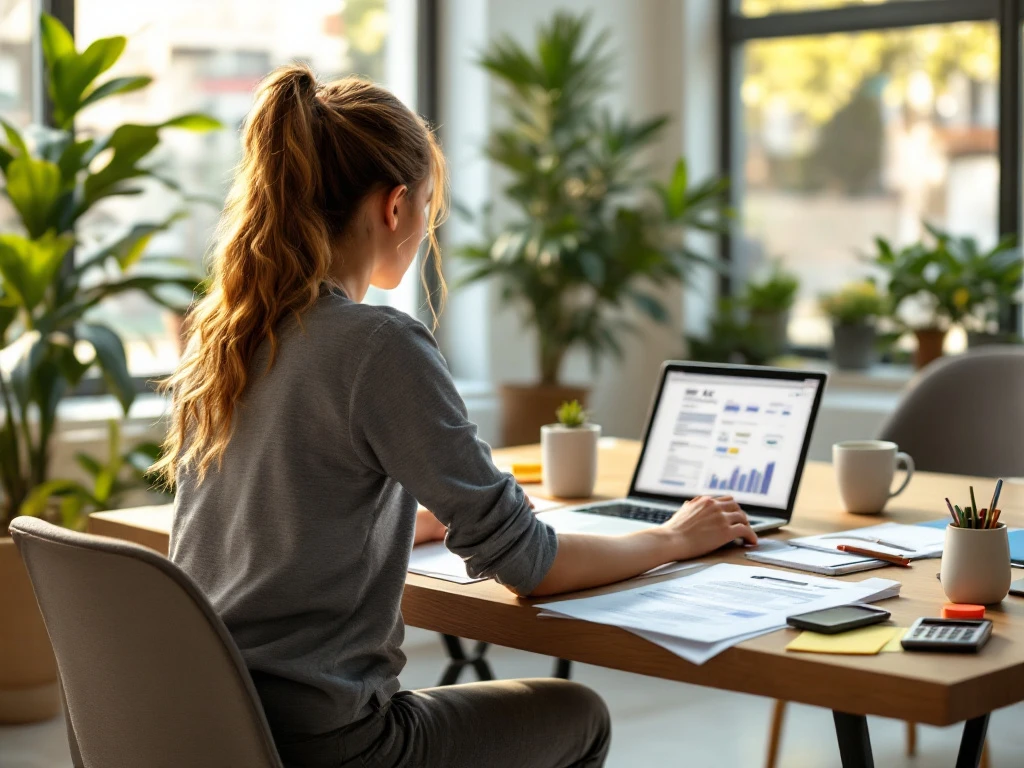 Moderne werkplek met belastingdocumenten, laptop met financiële software en persoon in casual zakelijke kleding bij een minimalistisch bureau in lichte kantoorruimte.