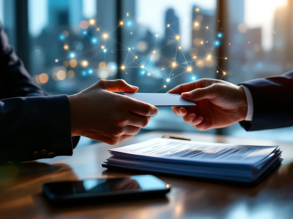 Handen wisselen visitekaartjes uit in modern kantoor met belastingdocumenten, vulpen en smartphone op houten bureau. Blauwe en gouden netwerkvisualisatie op achtergrond.