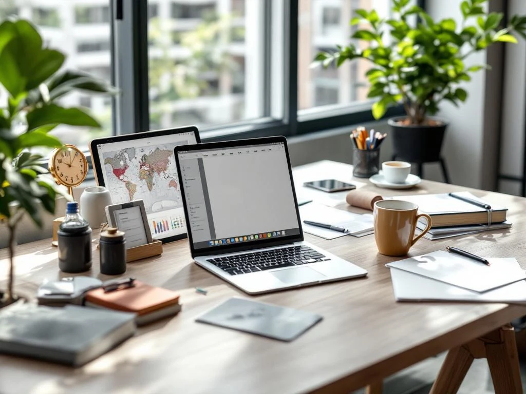 Stijlvol georganiseerd bureau met geordende documenten en creatieve accenten in lichte kantoorruimte, uitstralend professionaliteit met persoonlijke touch in financiële werkomgeving.