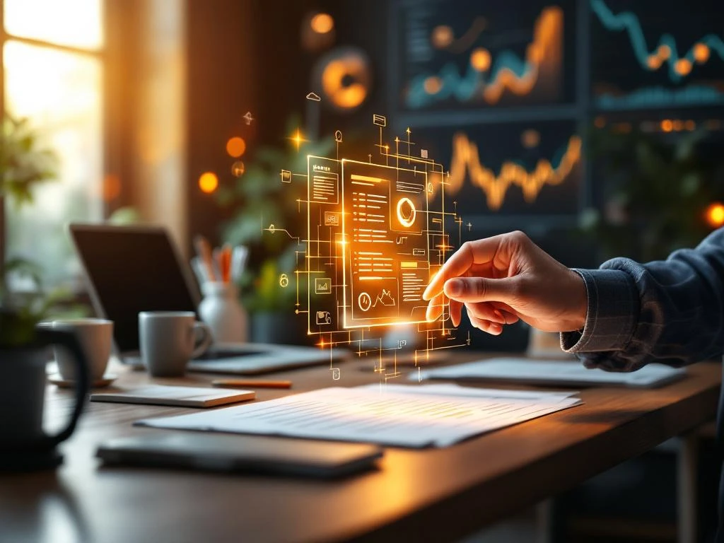 Futuristisch bureau waar een hand holografisch document aanraakt dat transformeert naar digitale data, omringd door financiële grafieken en creatieve tools.
