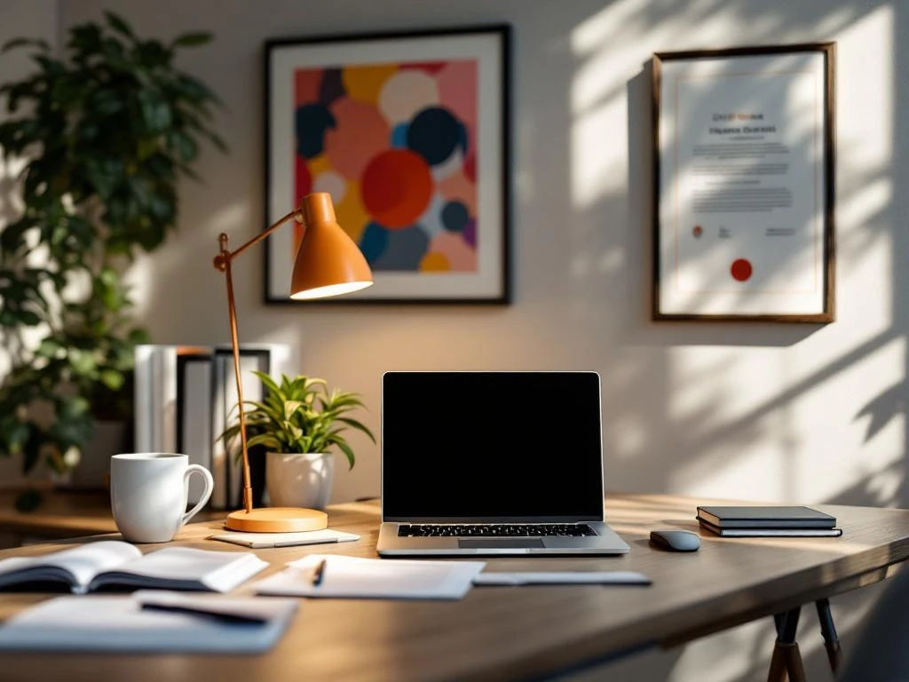 Professionele werkplek met laptop en financiële software, georganiseerde documenten, rekenmachine, en ingelijste diploma's in een creatief kantoor met natuurlijk licht.