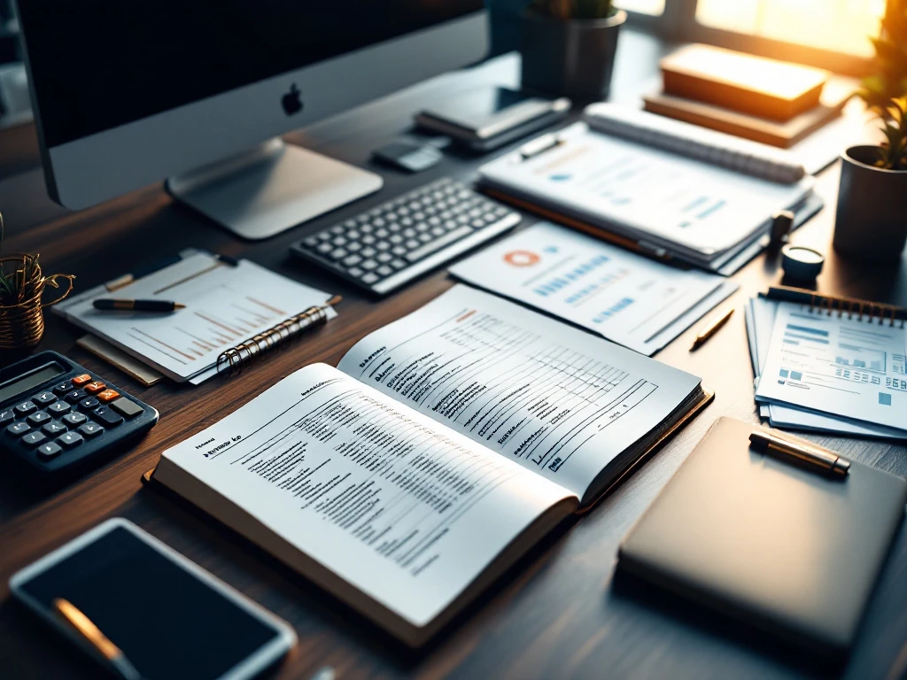 Open grootboek omgeven door kantoorbenodigdheden, mappen, rekenmachines en documenten op moderne werkplek