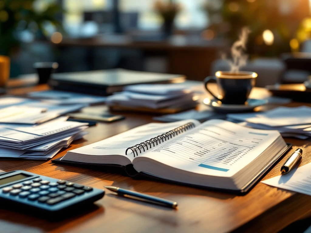Houten bureau met open grootboek, rekenmachine, facturen en koffiekop in professionele kantooromgeving