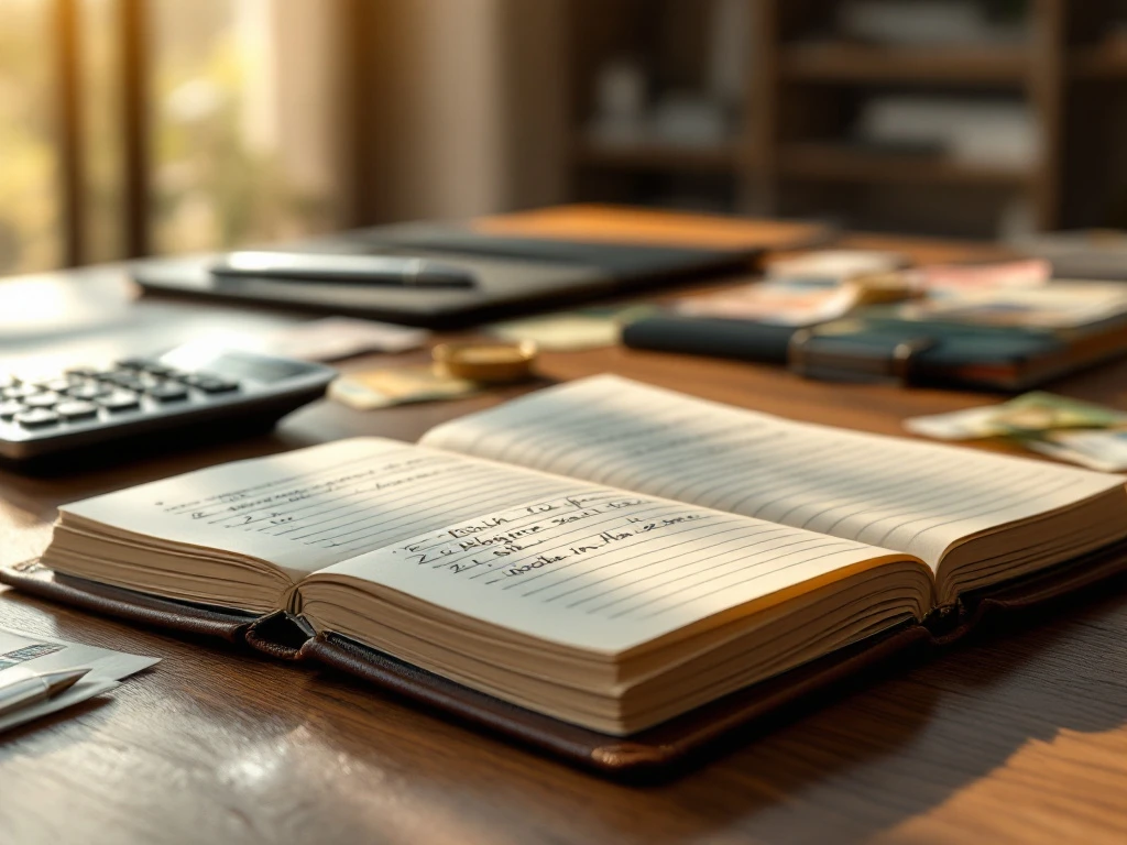 Open leerboek met handgeschreven boekhouding op houten bureau met rekenmachine, pen en eurobiljetten in kantooromgeving