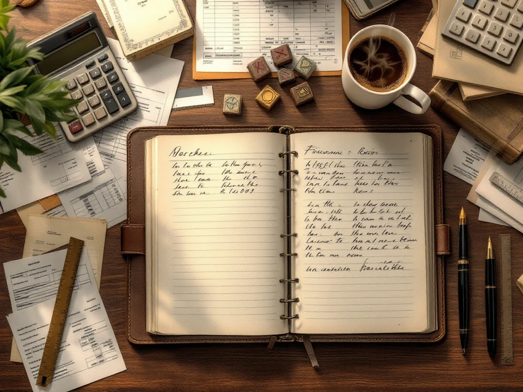 Georganiseerd houten bureau met open grootboek, rekenmachine, koffiekop en financiële documenten voor boekhouding