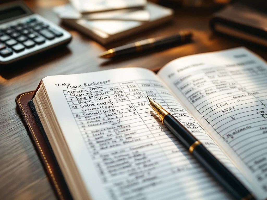 Open grootboek met handgeschreven financiële gegevens op houten bureau naast rekenmachine, pen en bonnetjes