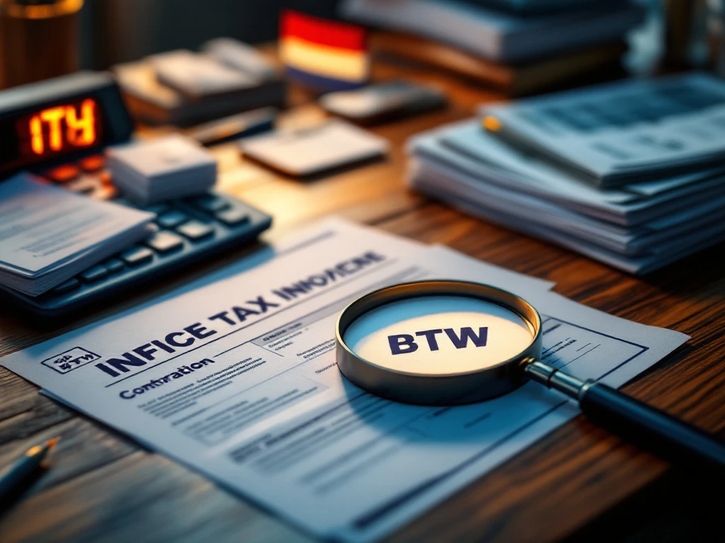 Vergrootglas toont BTW-tekst op belastingdocumenten op houten bureau met rekenmachine en Nederlandse vlag op achtergrond