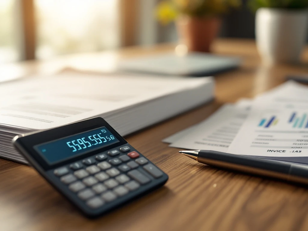 Calculator met financiële cijfers naast documenten en facturen op houten bureau met pen, professionele kantooromgeving