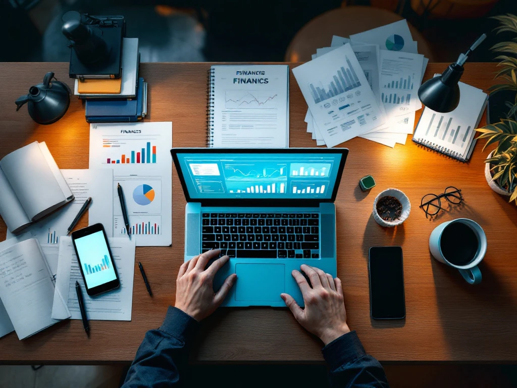 Modern bureau van bovenaf met laptop, tablet en smartphone naast papieren documenten op houten oppervlak