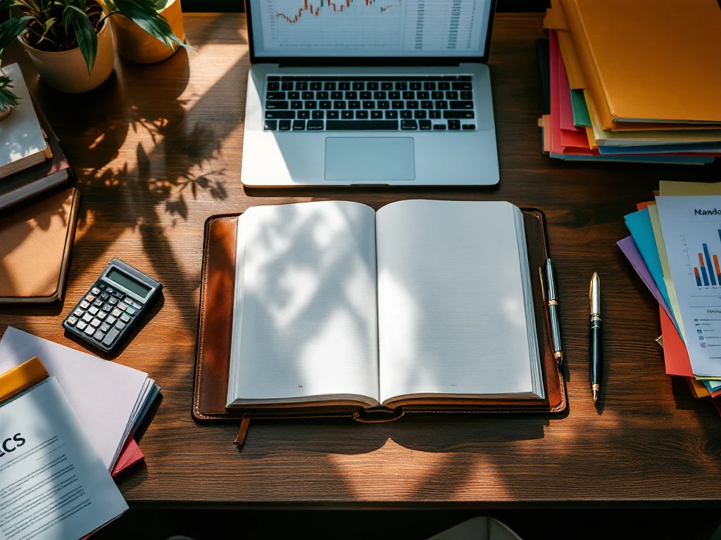 Houten bureau met open leren handboek, rekenmachine, mappen, pen en laptop met spreadsheet data voor financiële administratie