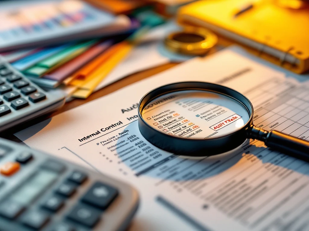 Vergrootglas over financiële documenten en grootboeken op bureau met calculator, mappen en controlemarkering