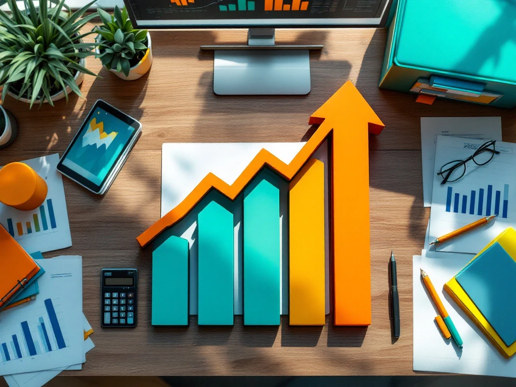 Modern bureau met georganiseerde documenten, tablets met financiële grafieken en kantoorbenodigdheden in warm licht