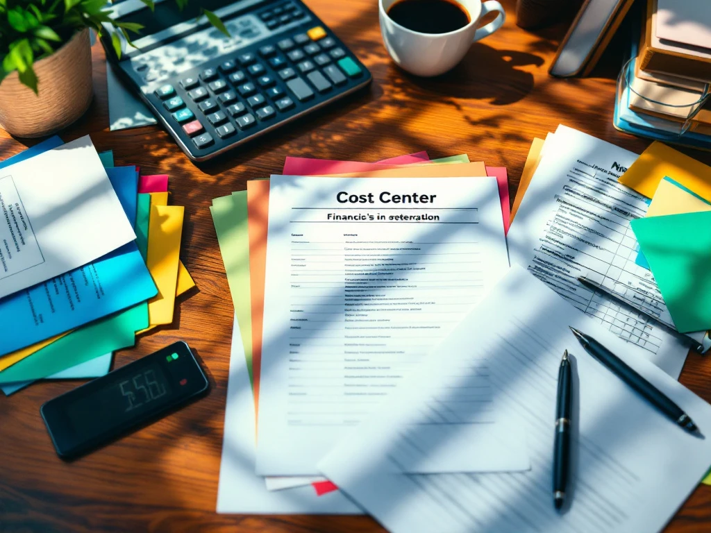 Houten bureau van bovenaf met georganiseerde financiële documenten, gekleurde mappen, rekenmachine en koffiekop