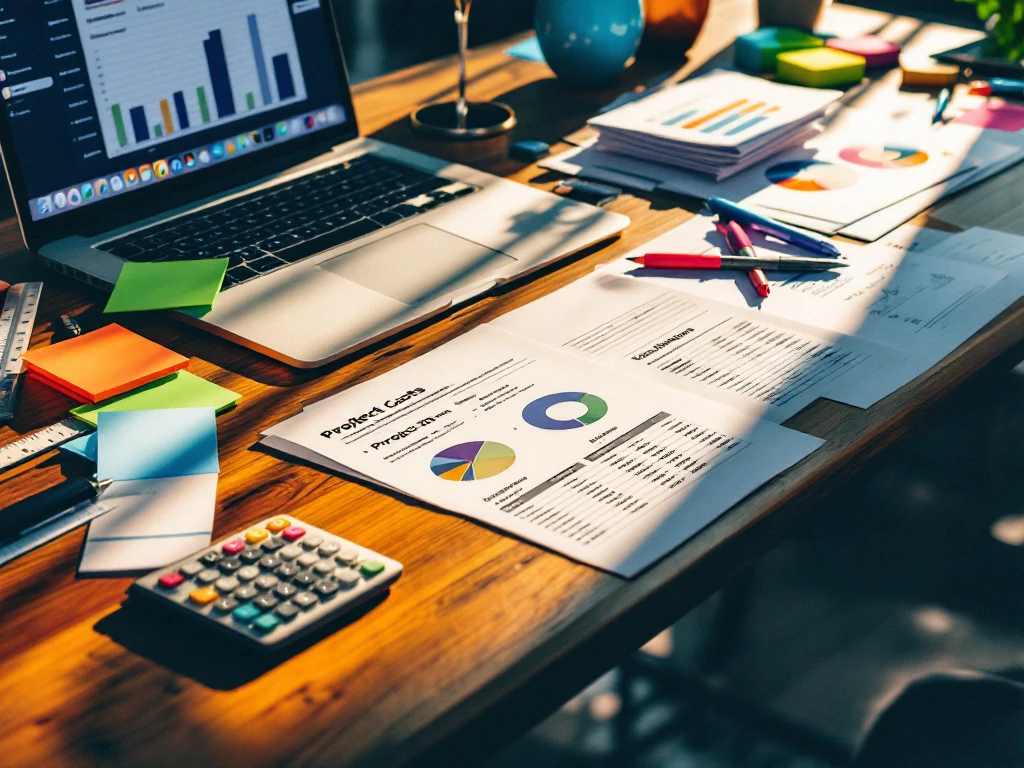 Moderne houten bureau met financiële documenten, laptop met spreadsheet, rekenmachine en boekhoudtools in professionele werkruimte