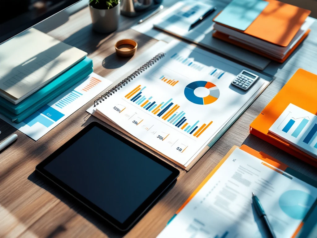 Georganiseerd modern bureau met documenten, grafieken, rekenmachine, mappen en tablet met spreadsheets van bovenaf gezien