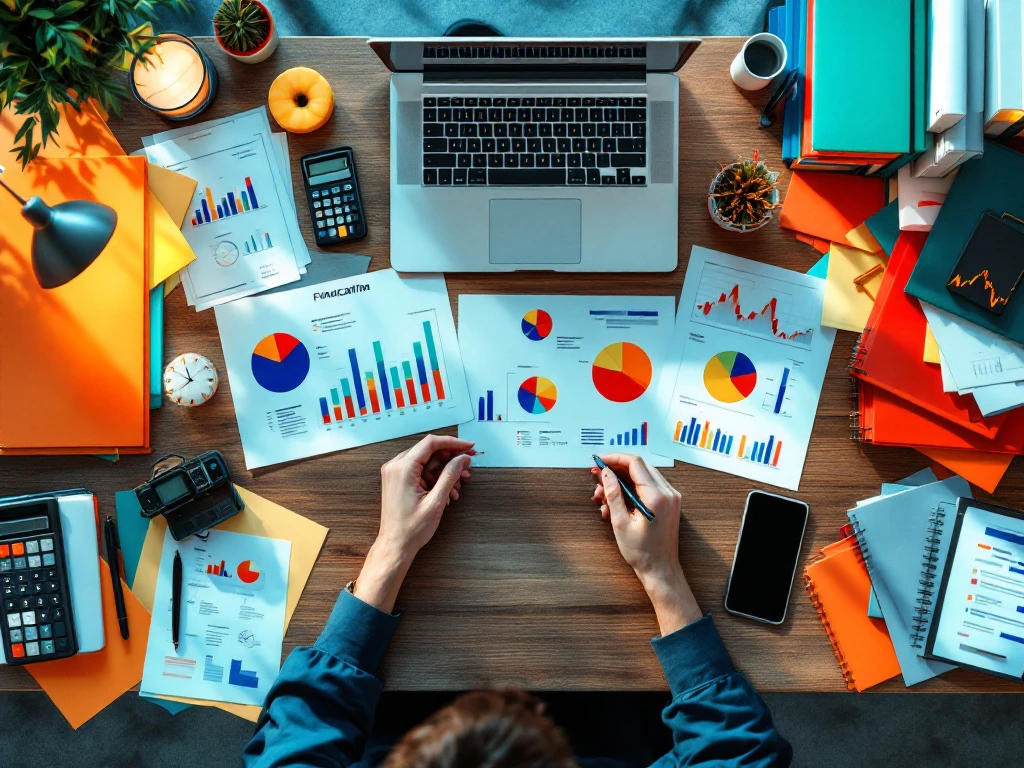 Moderne kantoorbureau van bovenaf met laptop, financiële grafieken, documenten, calculator en smartphone voor administratief werk