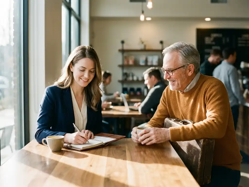 Jonge professional schrijft contactgegevens in leren notitieboek tijdens koffiegesprek met ervaren accountant in moderne café