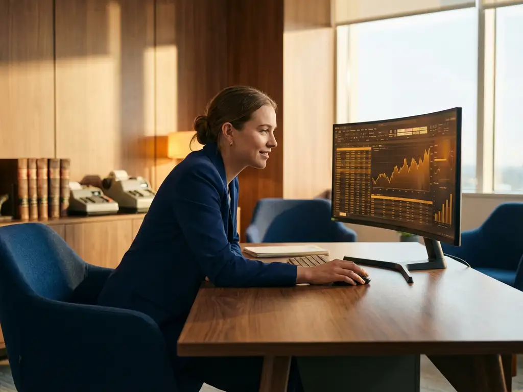 Jonge professionele accountant bekijkt digitale financiële rapporten op monitor aan moderne bureau, warme kantoorverlichting