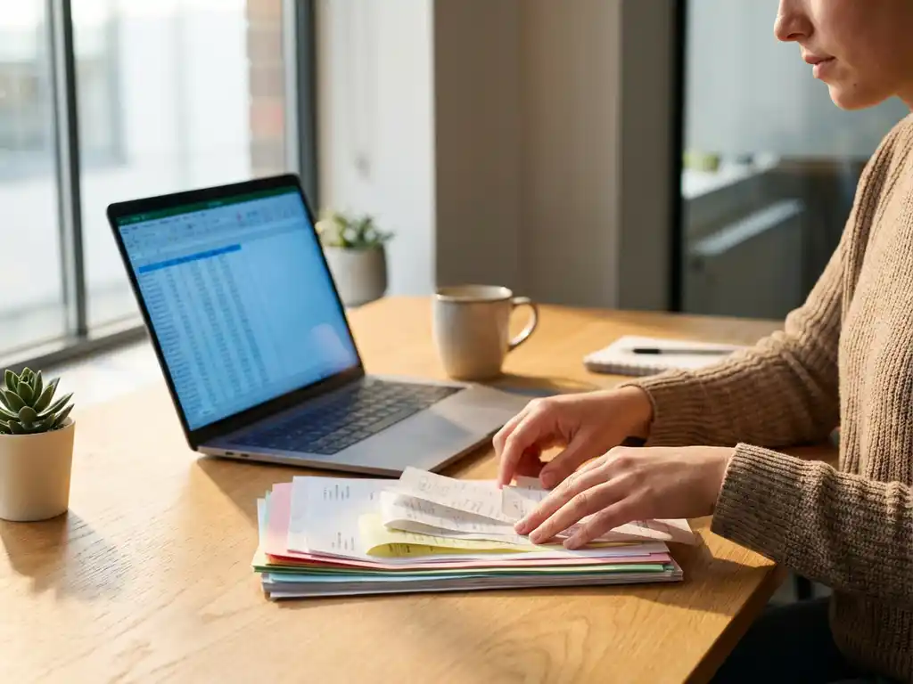 Jonge professionele accountant organiseert kleurrijke financiële documenten op houten bureau met laptop, koffie en plant