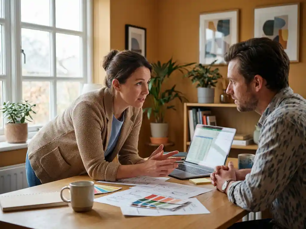 Professionele assistent-accountant in gesprek met creatieve ondernemer aan houten bureau, laptop en ontwerpschetsen tussen hen in