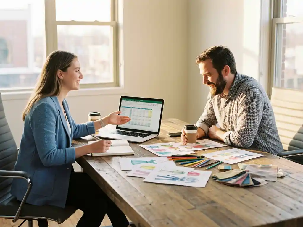 Jonge accountant en creatieve ondernemer bespreken financiële documenten aan moderne houten bureau met laptop en ontwerpschetsen