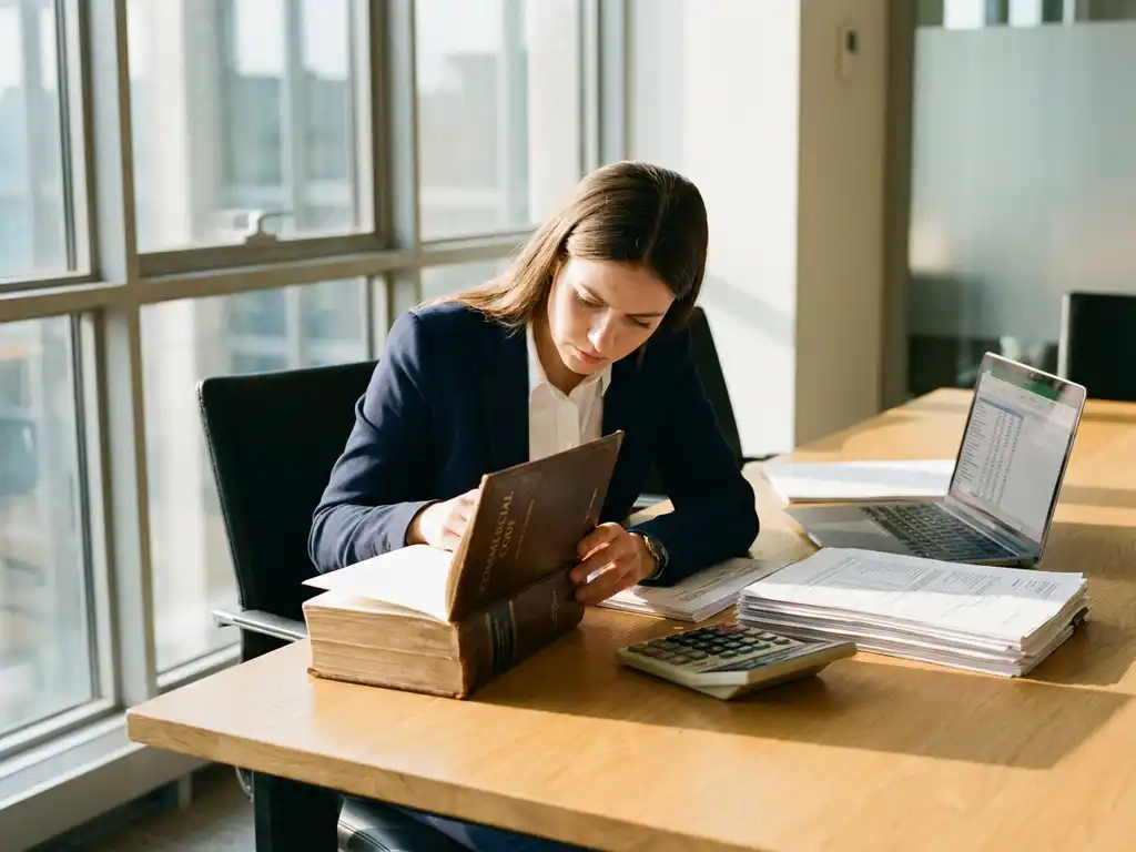 Professionele assistent-accountant bestudeert juridisch wetboek aan moderne eiken bureau met calculator, financiële documenten en laptop