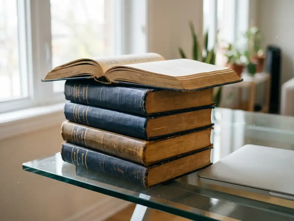 Stapel dikke boekhoudkundeboeken met versleten leren kaften op glazen bureau, laptop ernaast, natuurlijk licht door raam