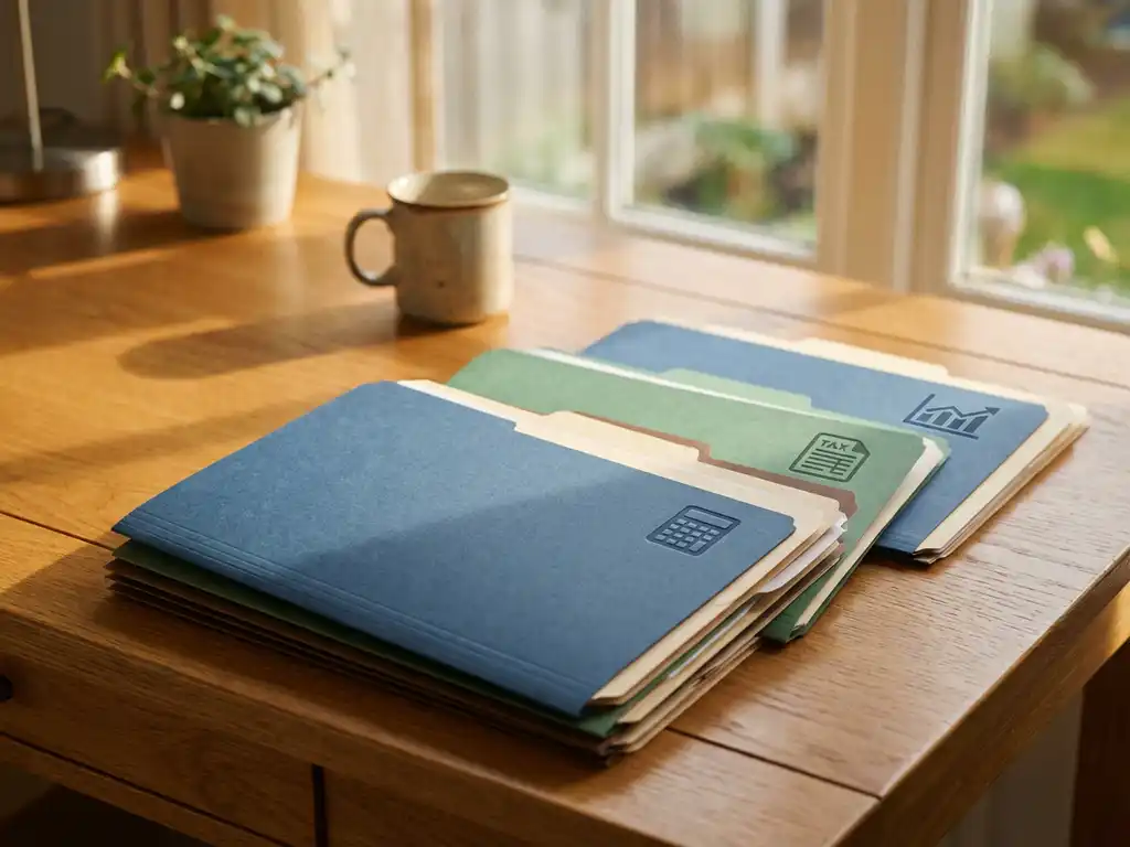 Georganiseerde houten bureau met gekleurde mappen gelabeld met boekhoudkundige symbolen zoals rekenmachine en belastingformulieren in warm natuurlijk licht