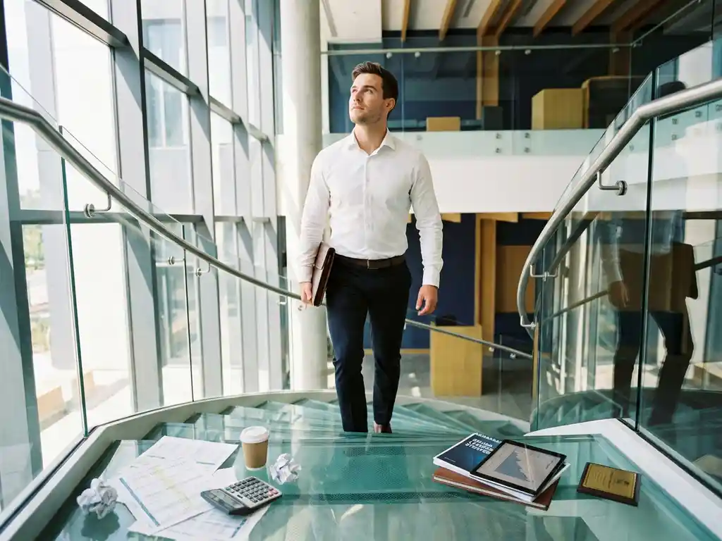 Jonge professional in wit overhemd beklimt glazen trap met financiële documenten en rekenmachines, symboliseert carrièregroei in boekhouding