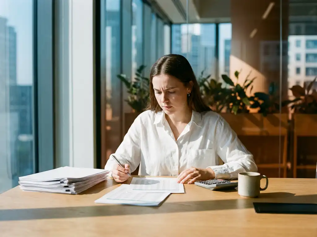 Jonge professional in wit overhemd bestudeert financiële documenten aan eiken bureau met rekenmachine en koffiekop bij raam