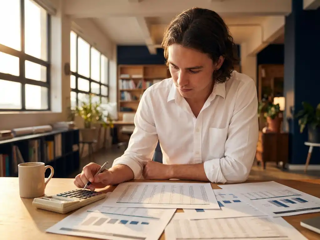 Jonge professional in wit overhemd bekijkt financiële documenten aan houten bureau met rekenmachine en koffiekop
