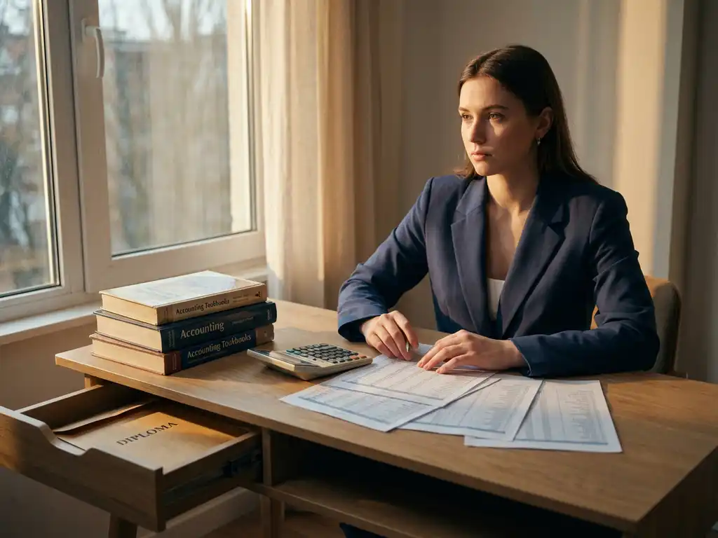 Jonge professional bekijkt financiële documenten aan modern bureau met rekenmachine, diploma in lade naast boekhouding boeken