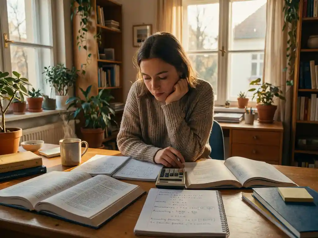 Jonge professionele vrouw bestudeert financiële boeken met rekenmachine aan houten bureau, zonlicht door ramen, koffie en planten in huiskantoor