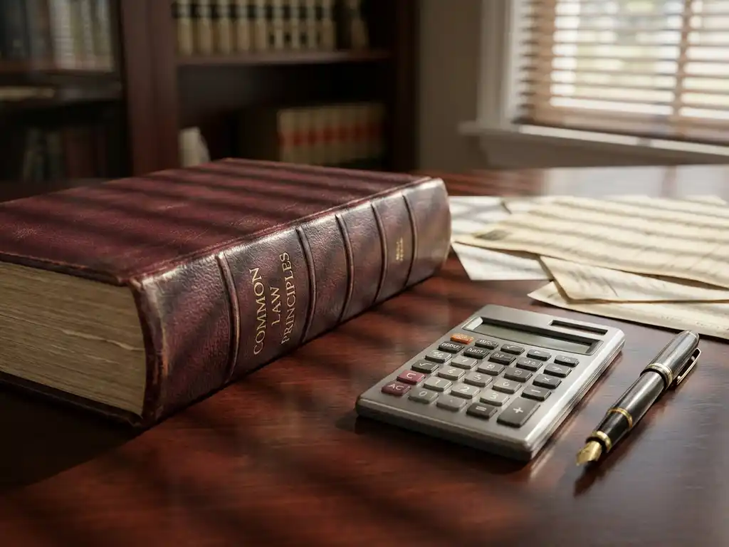 Opengeslagen leergebonden wetboek naast rekenmachine en vulpen op mahoniehouden bureau met financiële documenten