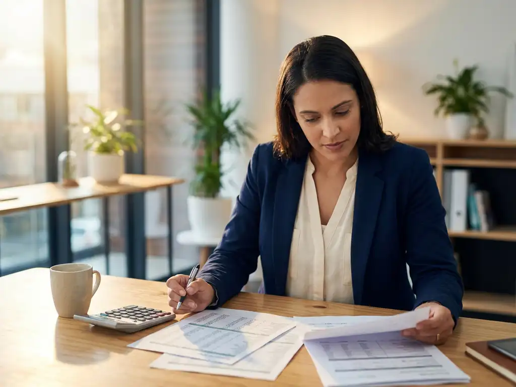 Professionele vrouw in zakelijke kleding werkt geconcentreerd aan financiële documenten op modern bureau met rekenmachine