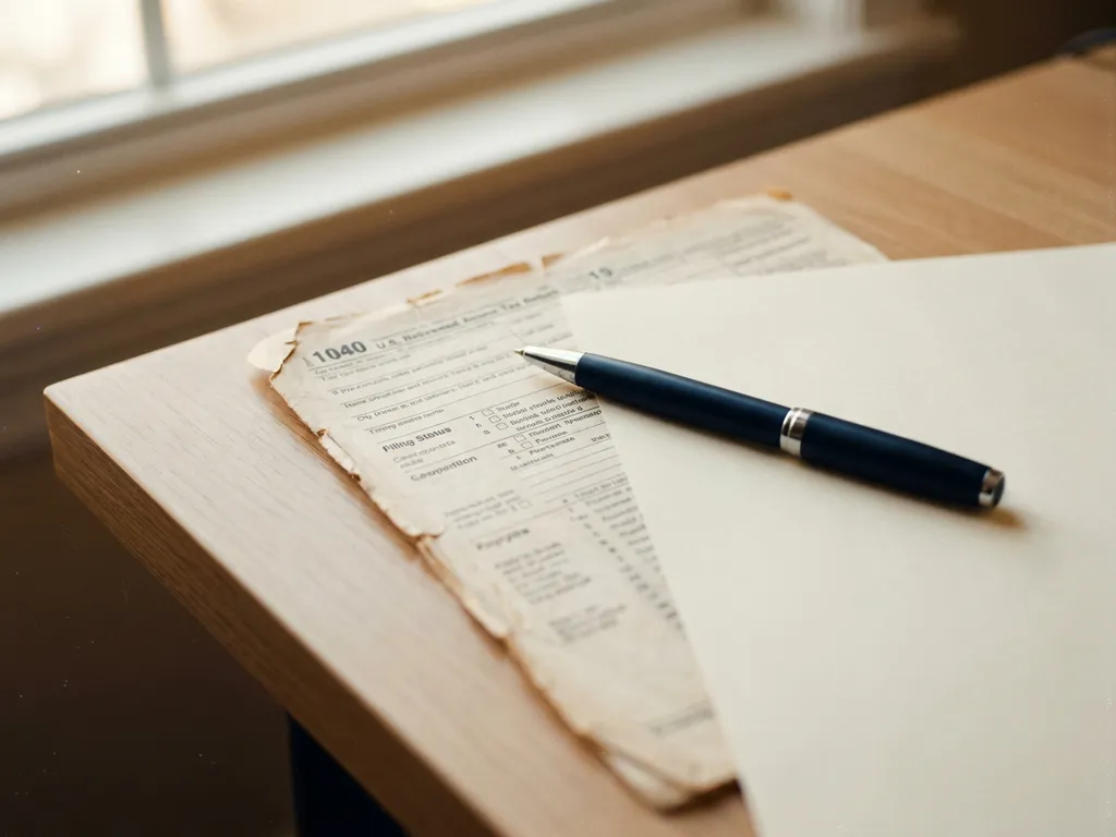 Versleten belastingaangifte op licht eiken bureau, gedeeltelijk bedekt door herzien formulier met pen erop, zacht natuurlijk licht.