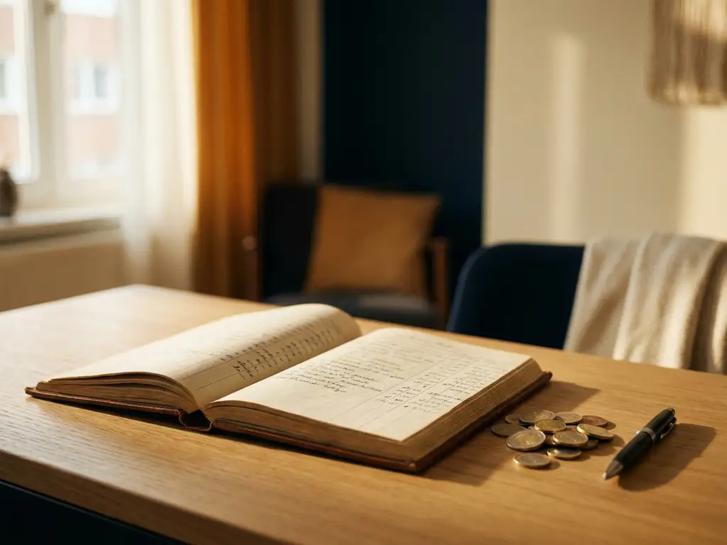 Open leren grootboek op eiken bureau met euromunten en pen in warm middaglicht.