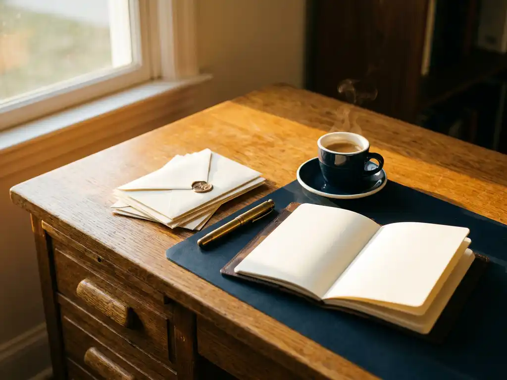 Eiken bureau met officiële enveloppen, vintage messing pen, open leren notitieboek en dampende espresso in warm middaglicht.