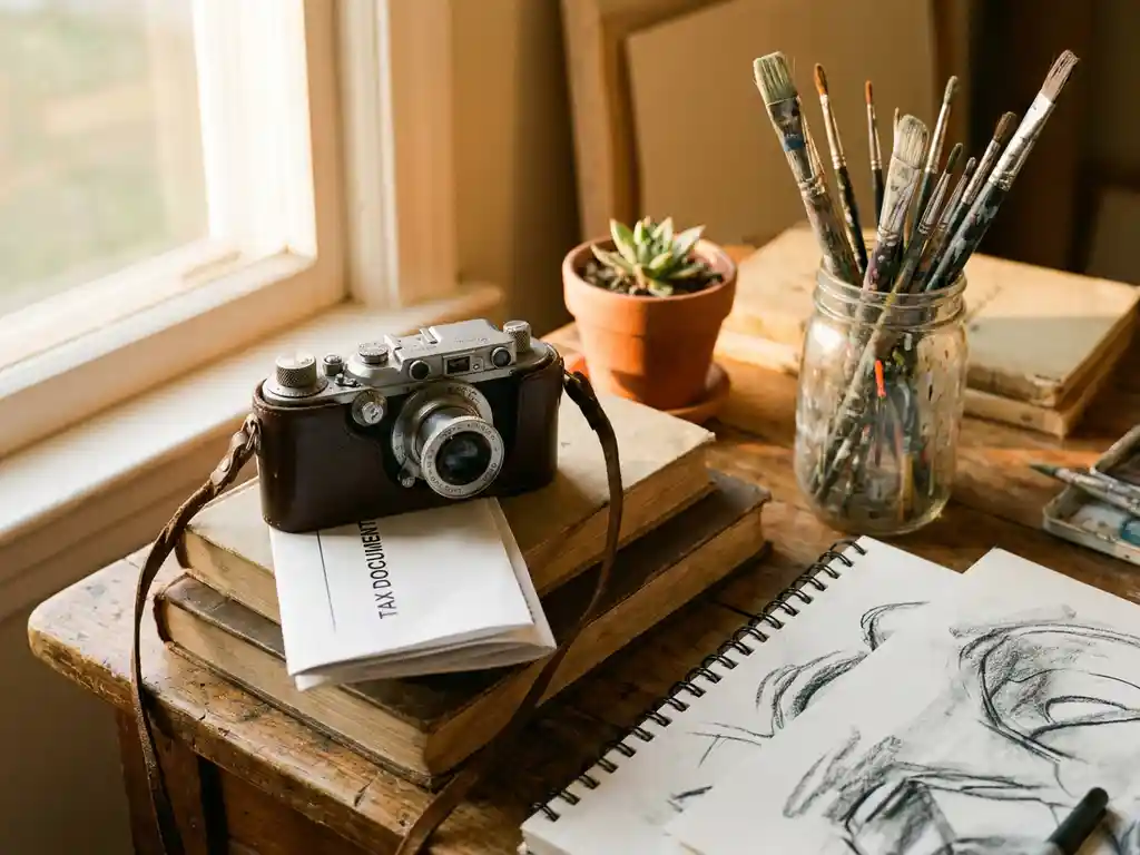 Houten bureau van een creatieve ondernemer met penselen, schetsboek, vetplant en belastingdocument onder vintage camera in goudkleurig licht.